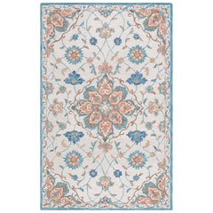 Floral Area Rug, 6 ft x 9 ft, Hand Woven Wool and Cotton in Beige and Blue