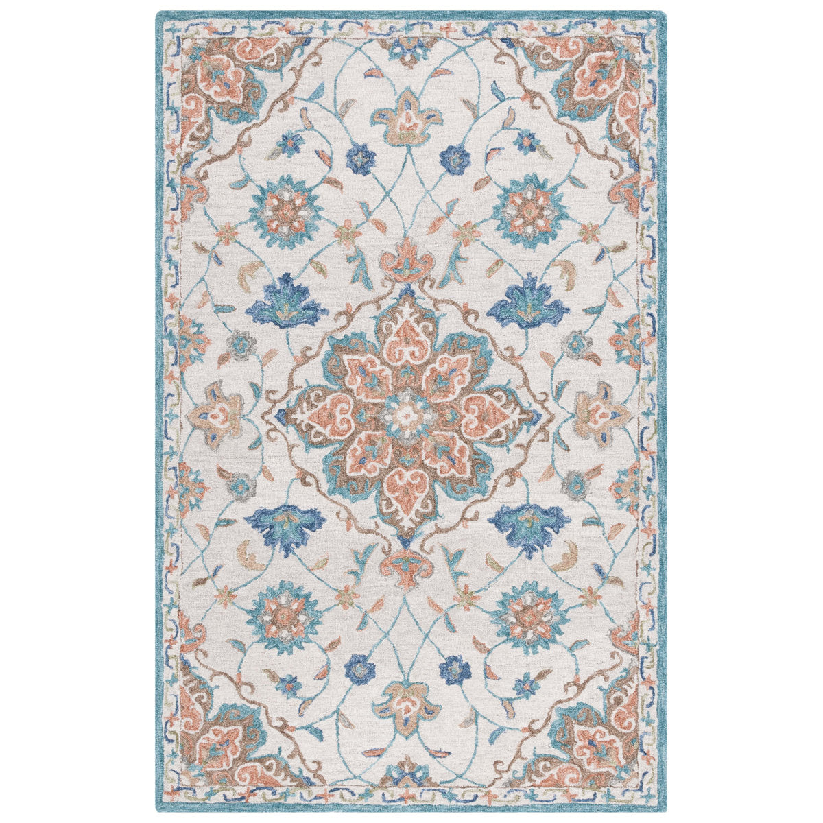 Floral Area Rug, 6 ft x 9 ft, Hand Woven Wool and Cotton in Beige and Blue
