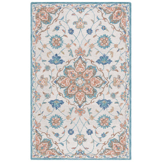 Floral Area Rug, 6 ft x 9 ft, Hand Woven Wool and Cotton in Beige and Blue
