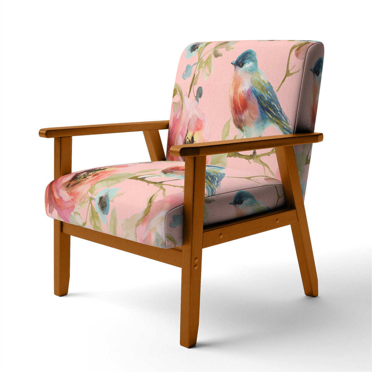 Floral Armchair, Solid Wood Frame with Pink Velvet Upholstery