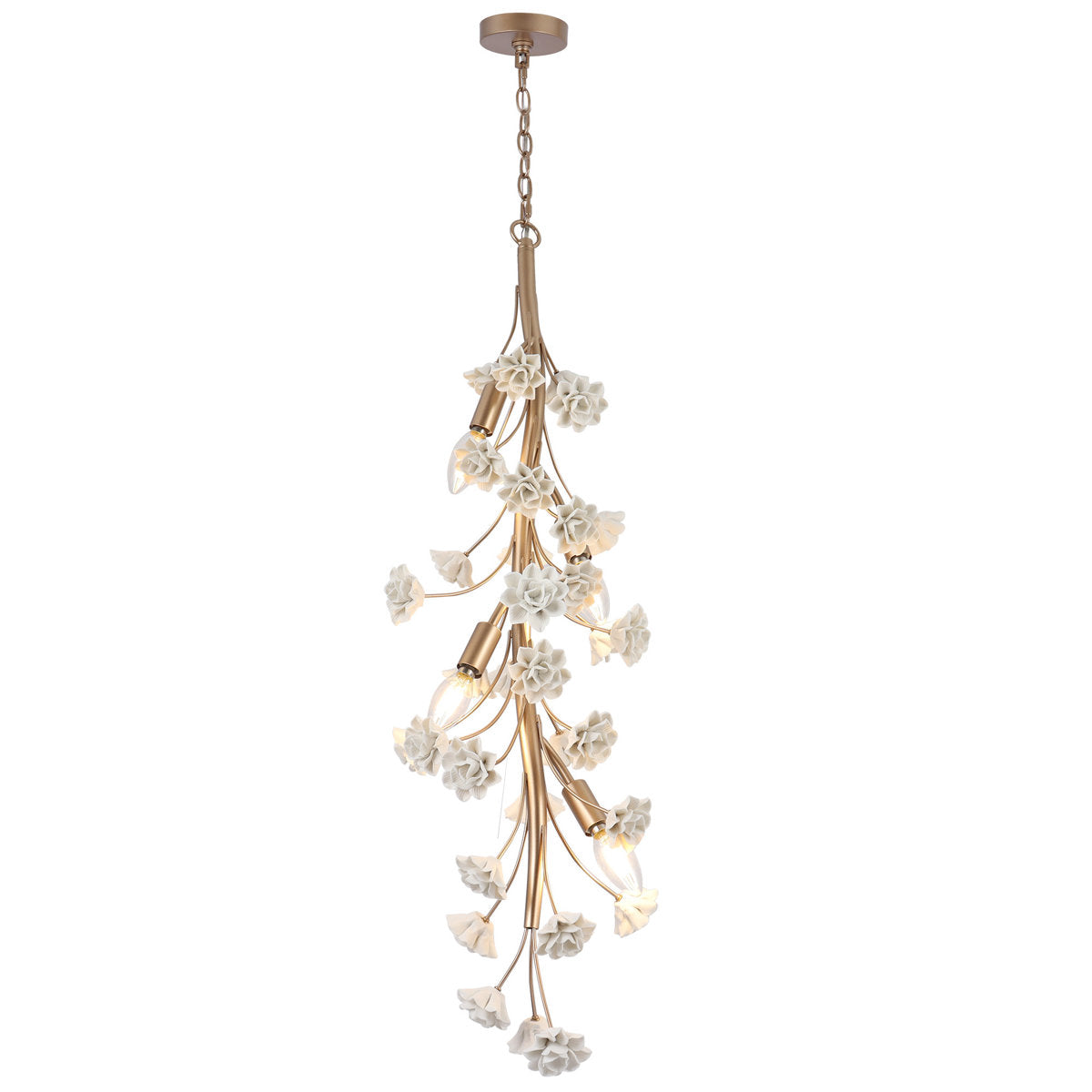Flower Chandelier with Handmade Porcelain Flowers in Gold Finish