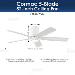 Flush Mount Ceiling Fan with 5 Blades and LED Light in Matte White