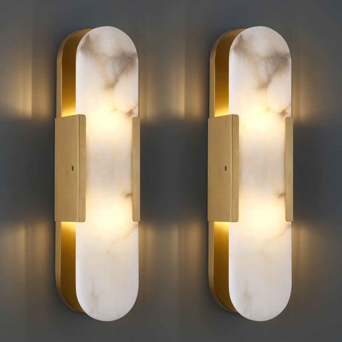 Flush Mount Wall Sconce, 2 Lights with Alabaster Shade and Brass Finish