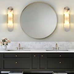 Flush Mount Wall Sconce, 2 Lights with Alabaster Shade and Brass Finish