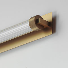 Flush Mount Wall Sconce, 30 in W, Natural Aged Brass with Clear Ribbed Glass Shade