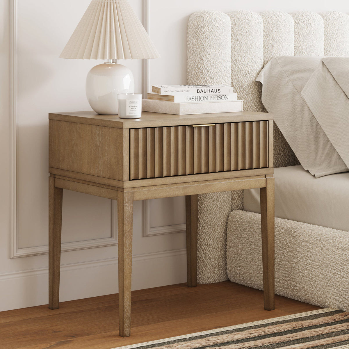 Fluted Nightstand, 1 Drawer, Solid and Manufactured Wood, Light Brown
