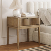Fluted Nightstand, 1 Drawer, Solid and Manufactured Wood, Light Brown