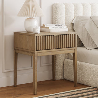 Fluted Nightstand, 1 Drawer, Solid and Manufactured Wood, Light Brown