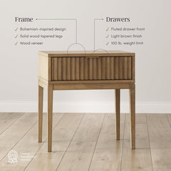 Fluted Nightstand, 1 Drawer, Solid and Manufactured Wood, Light Brown