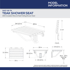 Folding Shower Seat, Teak Wood, Adjustable Height, Brown