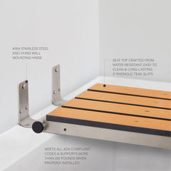 Folding Tub Seat, Wall Mount, Stainless Steel, Phenolic Slats