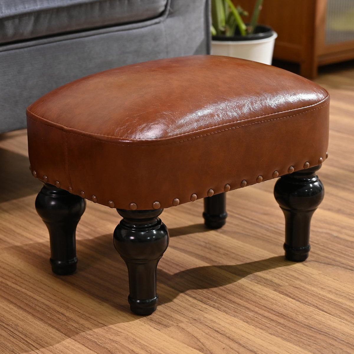 Footstool, Brown Faux Leather with Black Solid Wood Legs