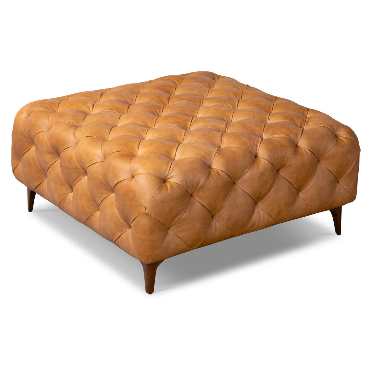 Footstool, Full Grain Leather, Cognac Tan, Walnut Legs