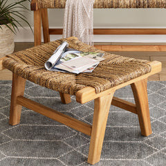 Footstool, Solid Mahogany Frame, Brown Upholstery