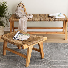Footstool, Solid Mahogany Frame, Brown Upholstery