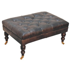 Footstool, Tufted Leather with Walnut Legs