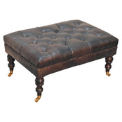 Footstool, Tufted Leather with Walnut Legs