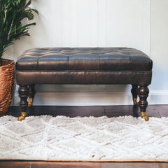 Footstool, Tufted Leather with Walnut Legs