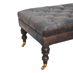 Footstool, Tufted Leather with Walnut Legs