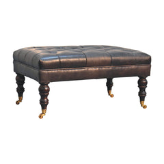 Footstool, Tufted Leather with Walnut Legs