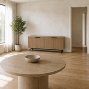 For scale | sideboard against the wall beside a full floor-to-ceiling doorway, true size next to the round dining table