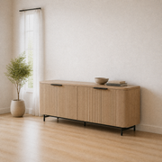 Angle | second view of the same dining room, sideboard at a true three-quarter angle so both black bar pulls read