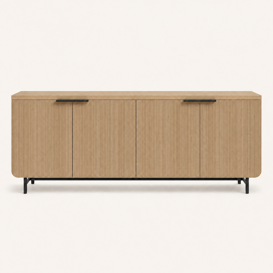 Front | coastal oak reeded sideboard centered on paper, black metal legs and four reeded doors