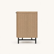 Side | profile view showing the 17.75 inch depth, rounded end cap and the tapered leg base