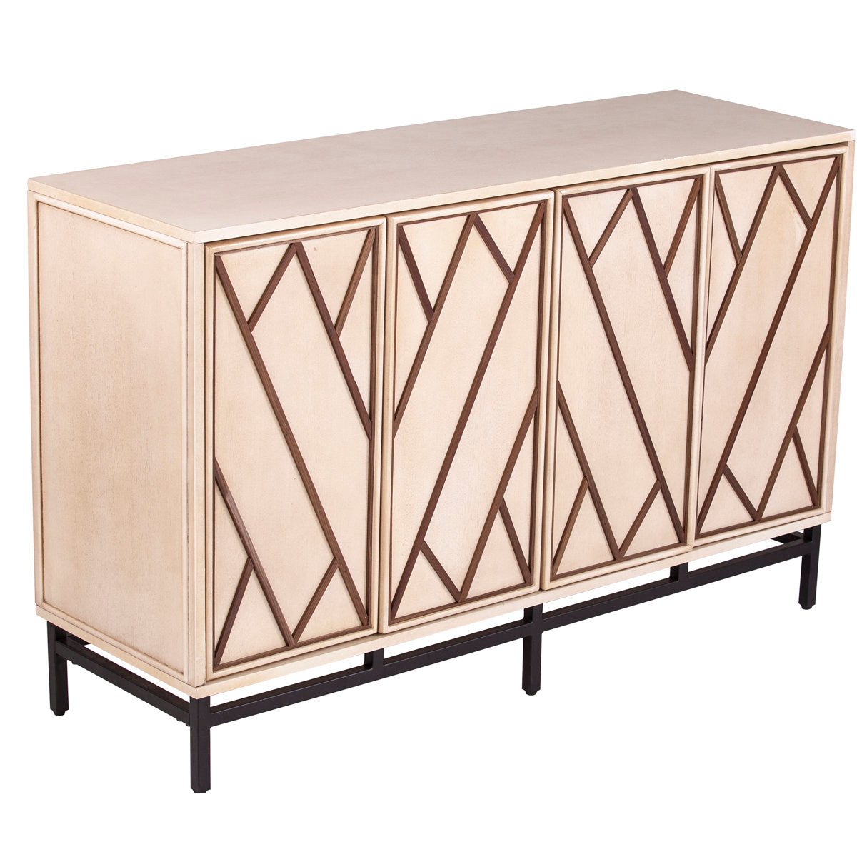 Four-Door Sideboard with Six Interior Shelves and Black Metal Legs