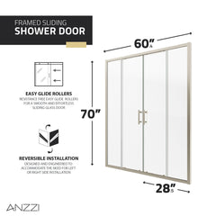 Framed Sliding Shower Door, Double Added, 60 in. W x 70 in. H, Nickel
