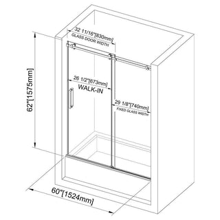 Frameless Sliding Tub Door, 56-60 Inch Width, Clear Tempered Glass, Stainless Steel