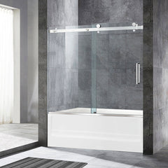 Frameless Sliding Tub Door, 56-60 Inch Width, Clear Tempered Glass, Stainless Steel