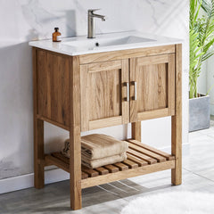 Freestanding Bathroom Vanity, 30 in Solid Elm Wood with White Sink