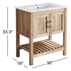 Freestanding Bathroom Vanity, 30 in Solid Elm Wood with White Sink