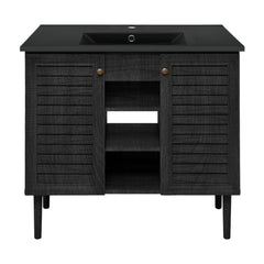 Freestanding Bathroom Vanity, Bron, 36 Inch with Black Sink Top in Black Oak