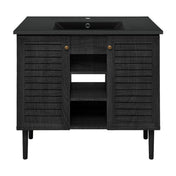 Freestanding Bathroom Vanity, Bron, 36 Inch with Black Sink Top in Black Oak