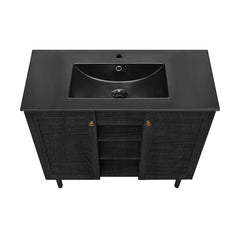 Freestanding Bathroom Vanity, Bron, 36 Inch with Black Sink Top in Black Oak