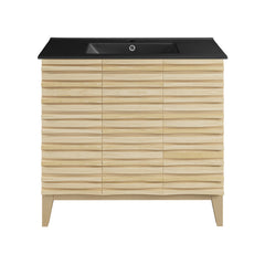 Freestanding Bathroom Vanity, Cascade, 36 Inch with Black Ceramic Sink Top in Natural Oak