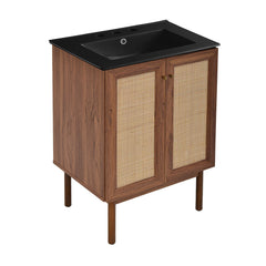 Freestanding Bathroom Vanity, Classe, 24-Inch with Black Sink Top in Brown Oak