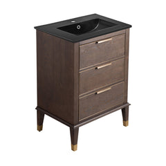 Freestanding Bathroom Vanity, Hugo, 2 Drawers with Black Ceramic Sink Top in Brown Oak