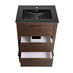 Freestanding Bathroom Vanity, Hugo, 2 Drawers with Black Ceramic Sink Top in Brown Oak
