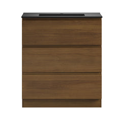Freestanding Bathroom Vanity, Liberte, 30 Inch with Black Sink Top in Brown Oak