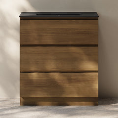 Freestanding Bathroom Vanity, Liberte, 30 Inch with Black Sink Top in Brown Oak