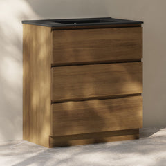 Freestanding Bathroom Vanity, Liberte, 30 Inch with Black Sink Top in Brown Oak