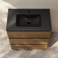 Freestanding Bathroom Vanity, Liberte, 30 Inch with Black Sink Top in Brown Oak
