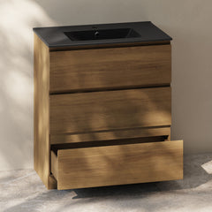 Freestanding Bathroom Vanity, Liberte, 30 Inch with Black Sink Top in Brown Oak