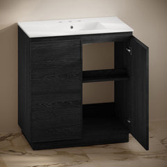 Freestanding Bathroom Vanity, St. Tropez, 36 Inch with Ceramic Top in Black Oak
