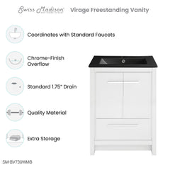 Freestanding Bathroom Vanity, Virage, 24 Inch with Black Ceramic Sink Top in White