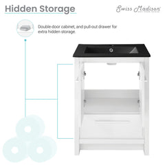 Freestanding Bathroom Vanity, Virage, 24 Inch with Black Ceramic Sink Top in White
