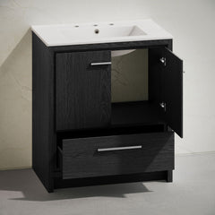 Freestanding Bathroom Vanity, Virage, 30 Inch with Ceramic Top in Black Oak